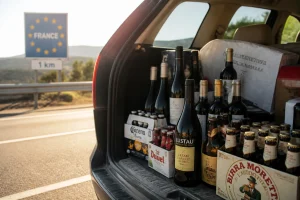 Coffre de voiture rempli de bouteilles de vin et de bière ramenées d'Espagne