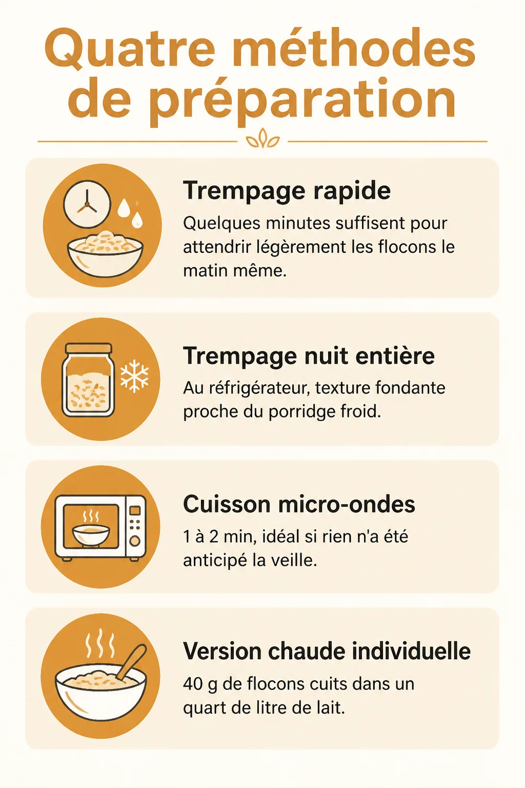 Quatre méthodes de préparation : Trempage rapide, Trempage nuit entière, Cuisson micro-ondes, Version chaude individuelle