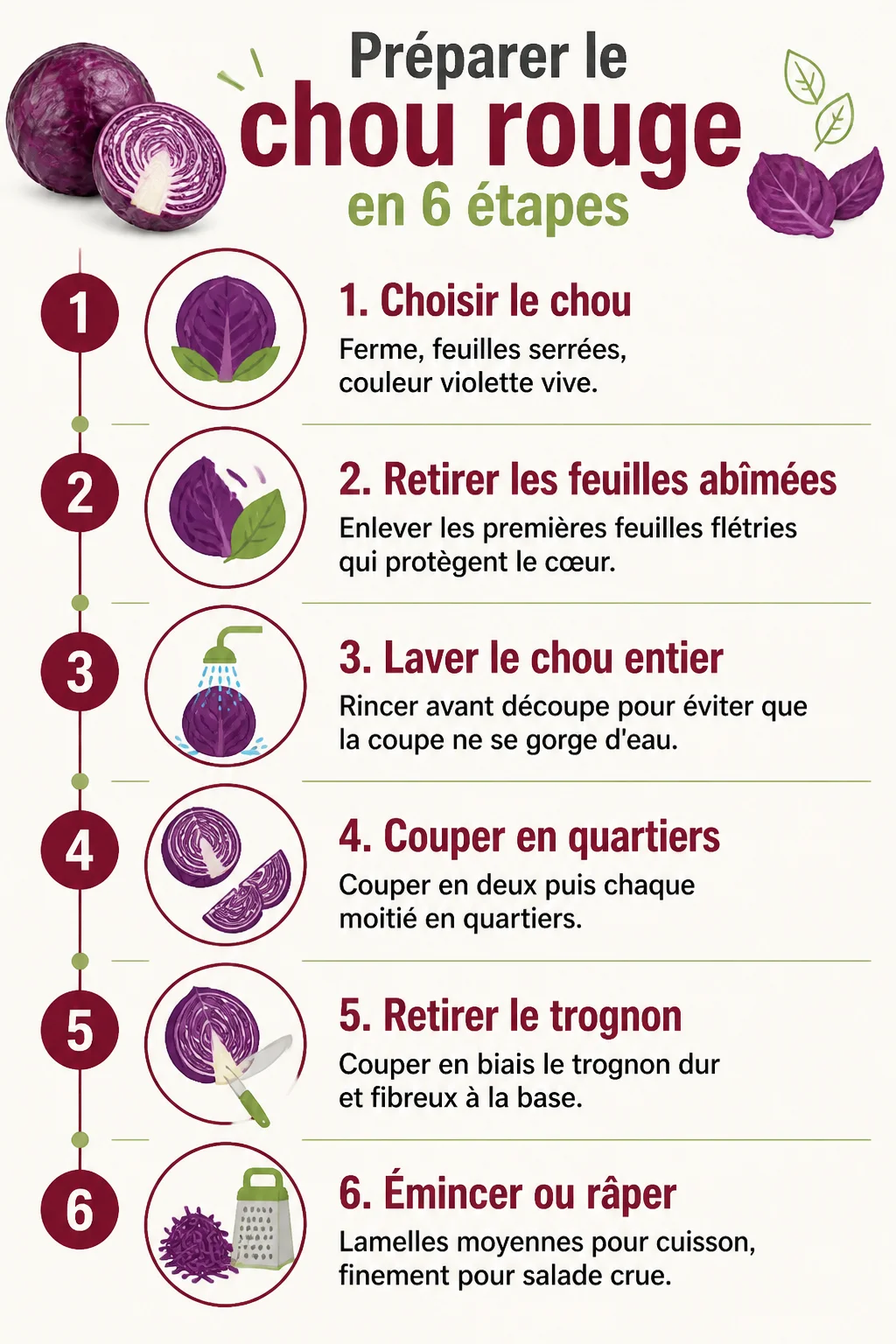 Préparer le chou rouge en 6 étapes : 1. Choisir le chou, 2. Retirer les feuilles abîmées, 3. Laver le chou entier, 4. Couper en quartiers, 5. Retirer le trognon, 6. Émincer ou râper