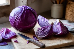 Chou rouge entier et coupé en quartiers sur une planche à découper en bois