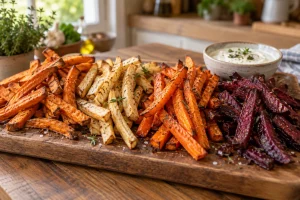 Plateau de frites de légumes variées, patate douce, panais et carotte, cuites au four