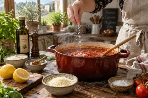 Main ajoutant du sel au-dessus d'une sauce, entourée de correctifs de goût comme crème, citron et miel