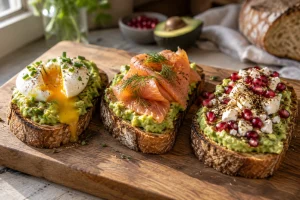 Trois variantes d'avocado toast sur planche en bois avec œuf mollet, saumon fumé et feta-grenade