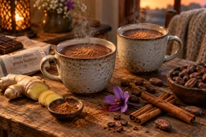 Deux tasses de boisson aphrodisiaque maison au chocolat et cannelle sur une table en bois avec épices