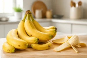 Bananes de différentes tailles sur une planche en bois avec une banane pelée