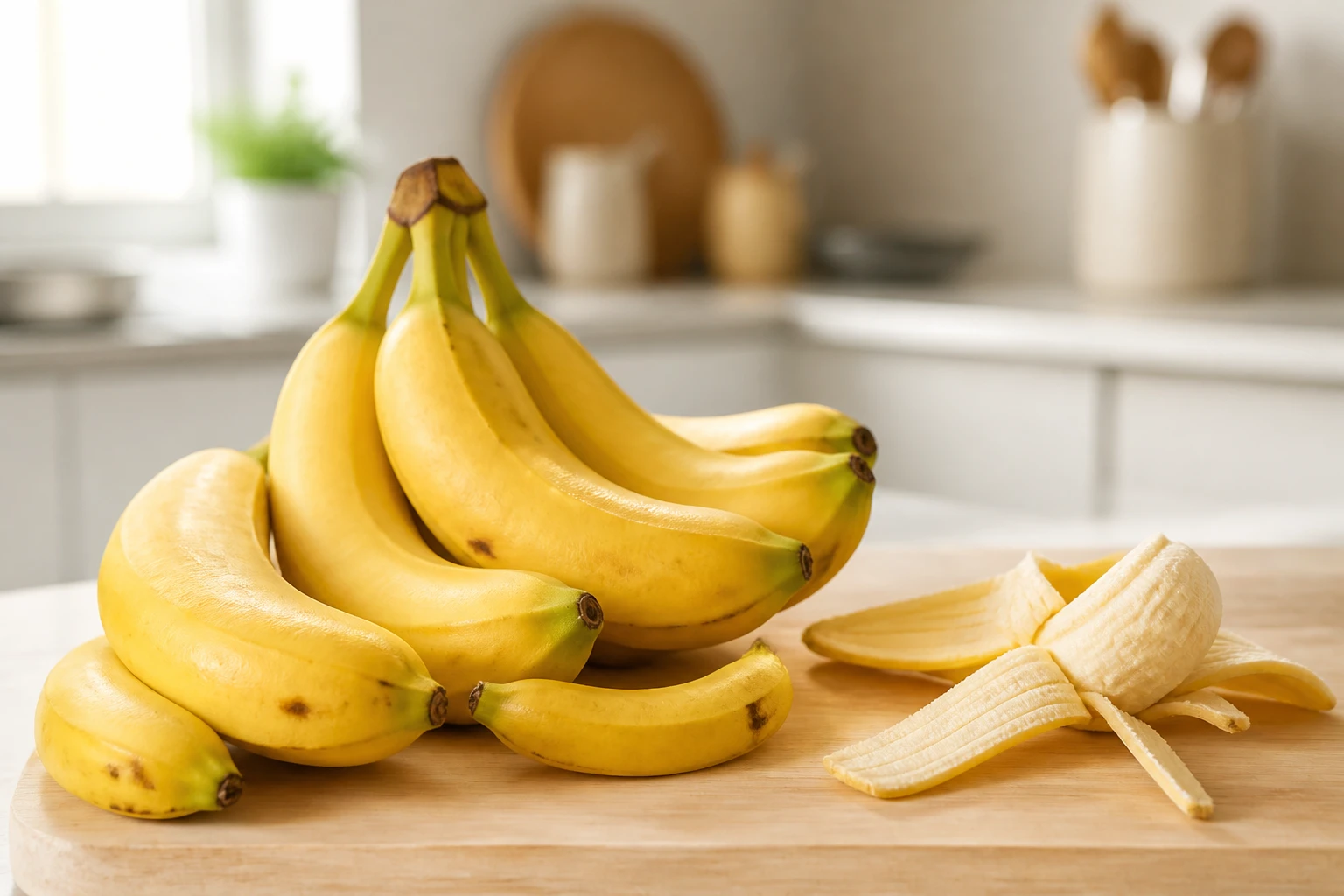 Bananes de différentes tailles sur une planche en bois avec une banane pelée
