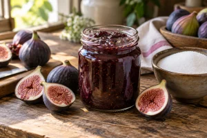 Pot de confiture de figues maison entouré de figues fraîches coupées et d'un bol de sucre sur table en bois