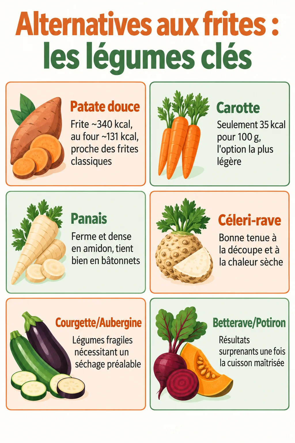 Alternatives aux frites : les légumes clés : Patate douce, Carotte, Panais, Céleri-rave, Courgette/Aubergine, Betterave/Potiron