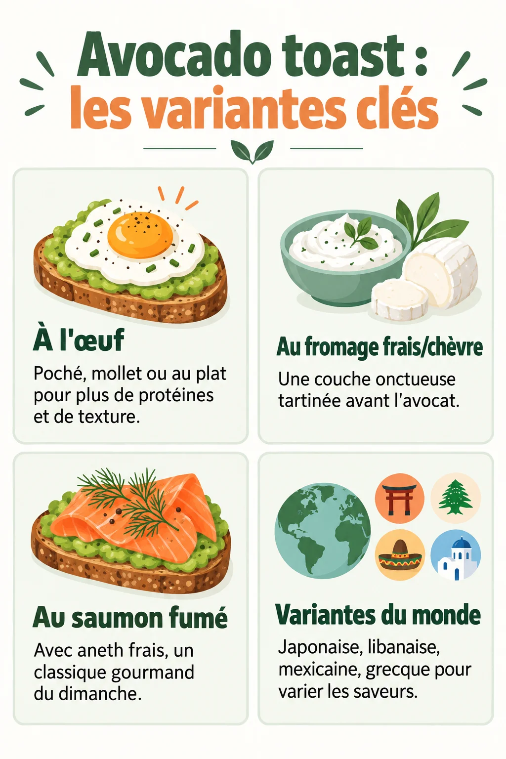 Avocado toast : les variantes clés : À l'œuf, Au fromage frais/chèvre, Au saumon fumé, Variantes du monde