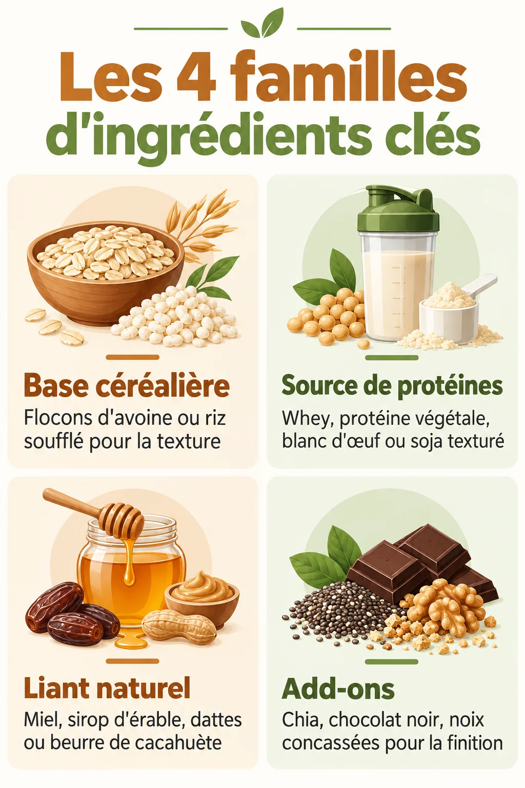 Les 4 familles d'ingrédients clés : Base céréalière, Source de protéines, Liant naturel, Add-ons