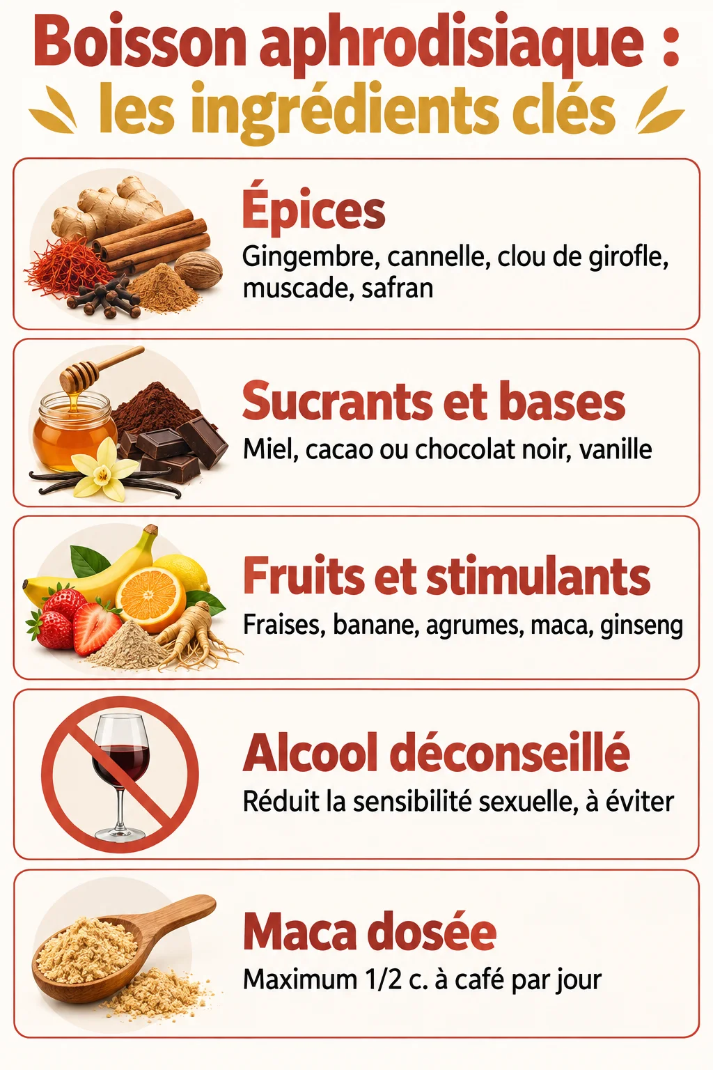 Boisson aphrodisiaque : les ingrédients clés : Épices, Sucrants et bases, Fruits et stimulants, Alcool déconseillé, Maca dosée