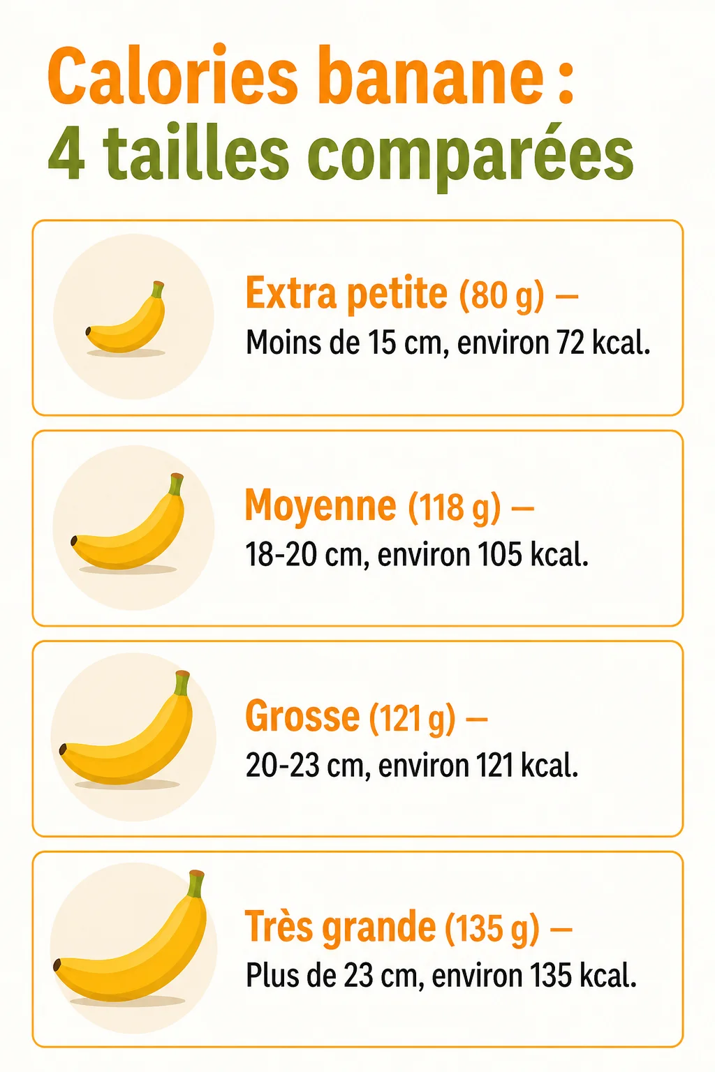 Calories banane : 4 tailles comparées : Extra petite (80 g), Moyenne (118 g), Grosse (121 g), Très grande (135 g)