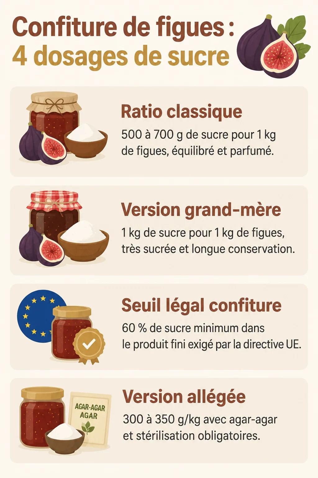 Confiture de figues : 4 dosages de sucre : Ratio classique, Version grand-mère, Seuil légal confiture, Version allégée