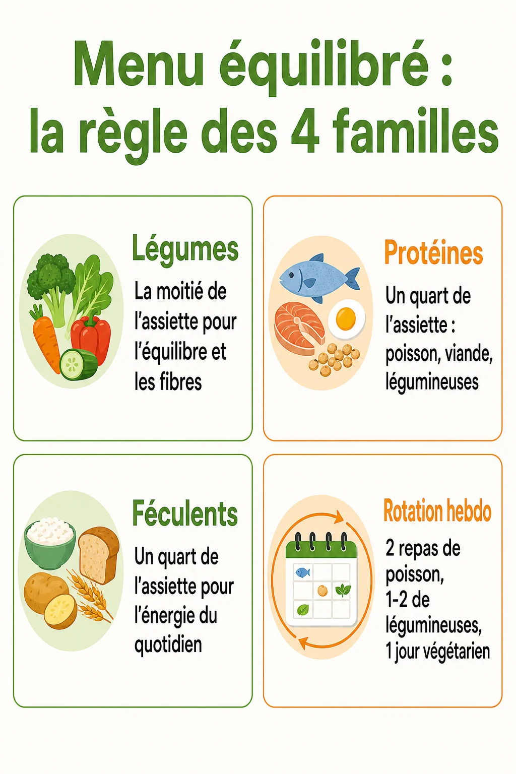 Menu équilibré : la règle des 4 familles : Légumes, Protéines, Féculents, Rotation hebdo
