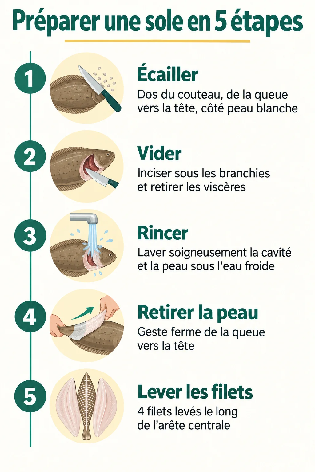 Préparer une sole en 5 étapes : 1. Écailler, 2. Vider, 3. Rincer, 4. Retirer la peau, 5. Lever les filets