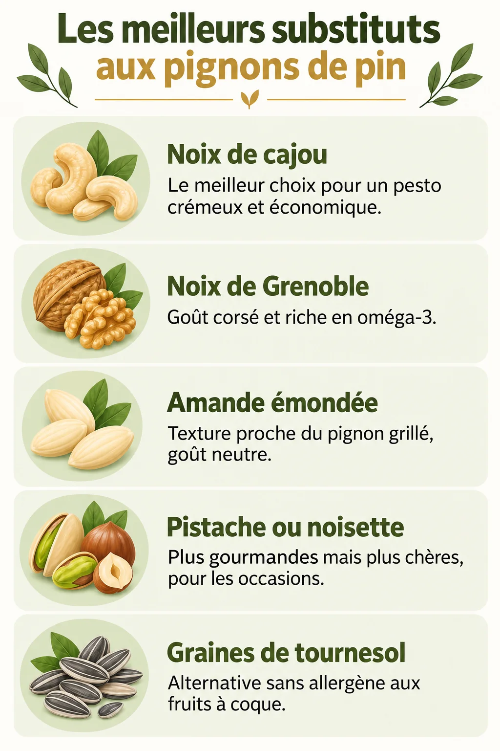Les meilleurs substituts aux pignons de pin : Noix de cajou, Noix de Grenoble, Amande émondée, Pistache ou noisette, Graines de tournesol