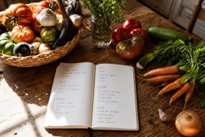 Carnet de planning menu famille semaine posé sur une table de cuisine avec légumes de saison