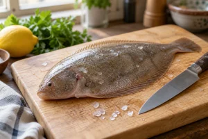Sole entière crue sur planche en bois avec couteau, prête à être préparée en cuisine