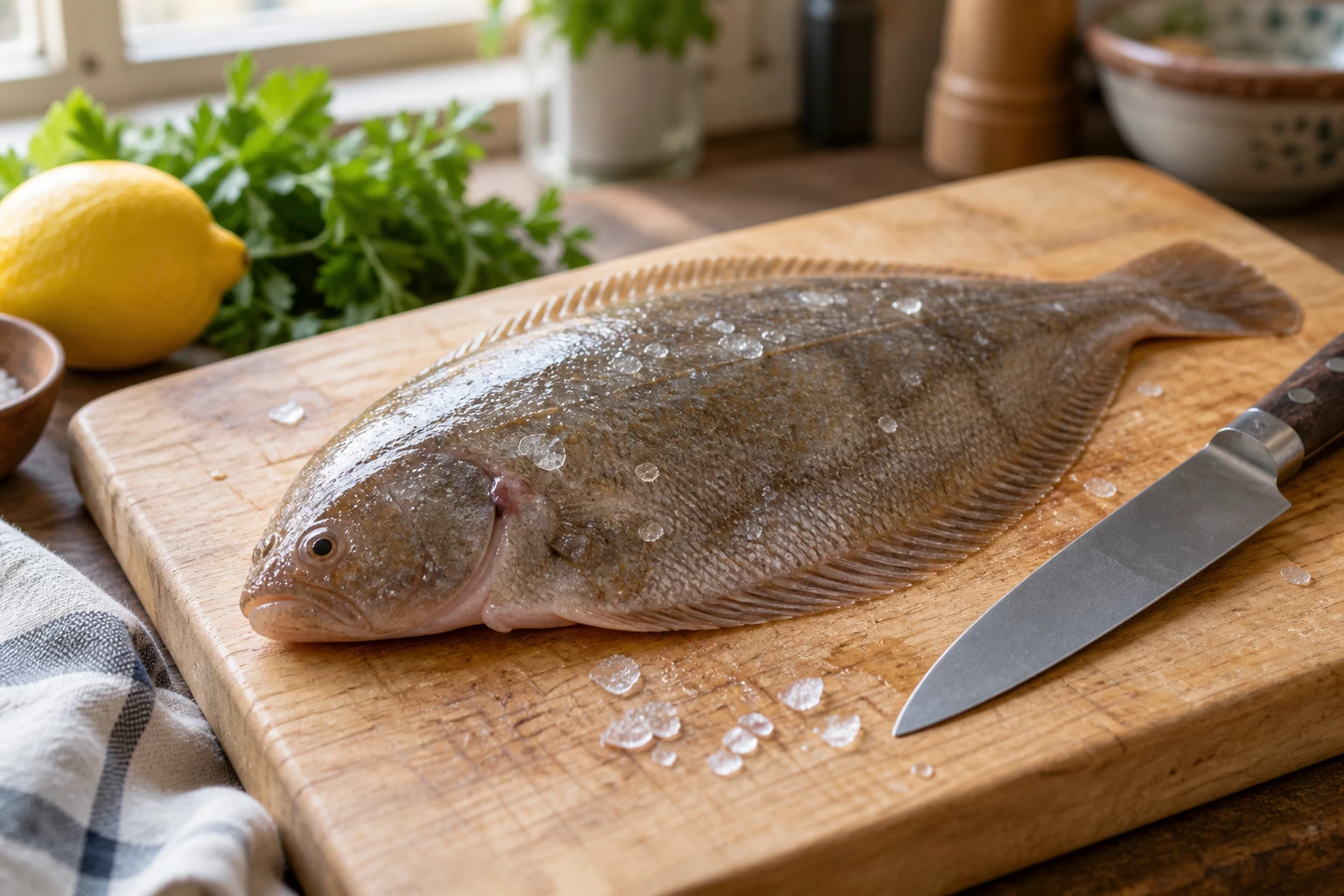 Sole entière crue sur planche en bois avec couteau, prête à être préparée en cuisine