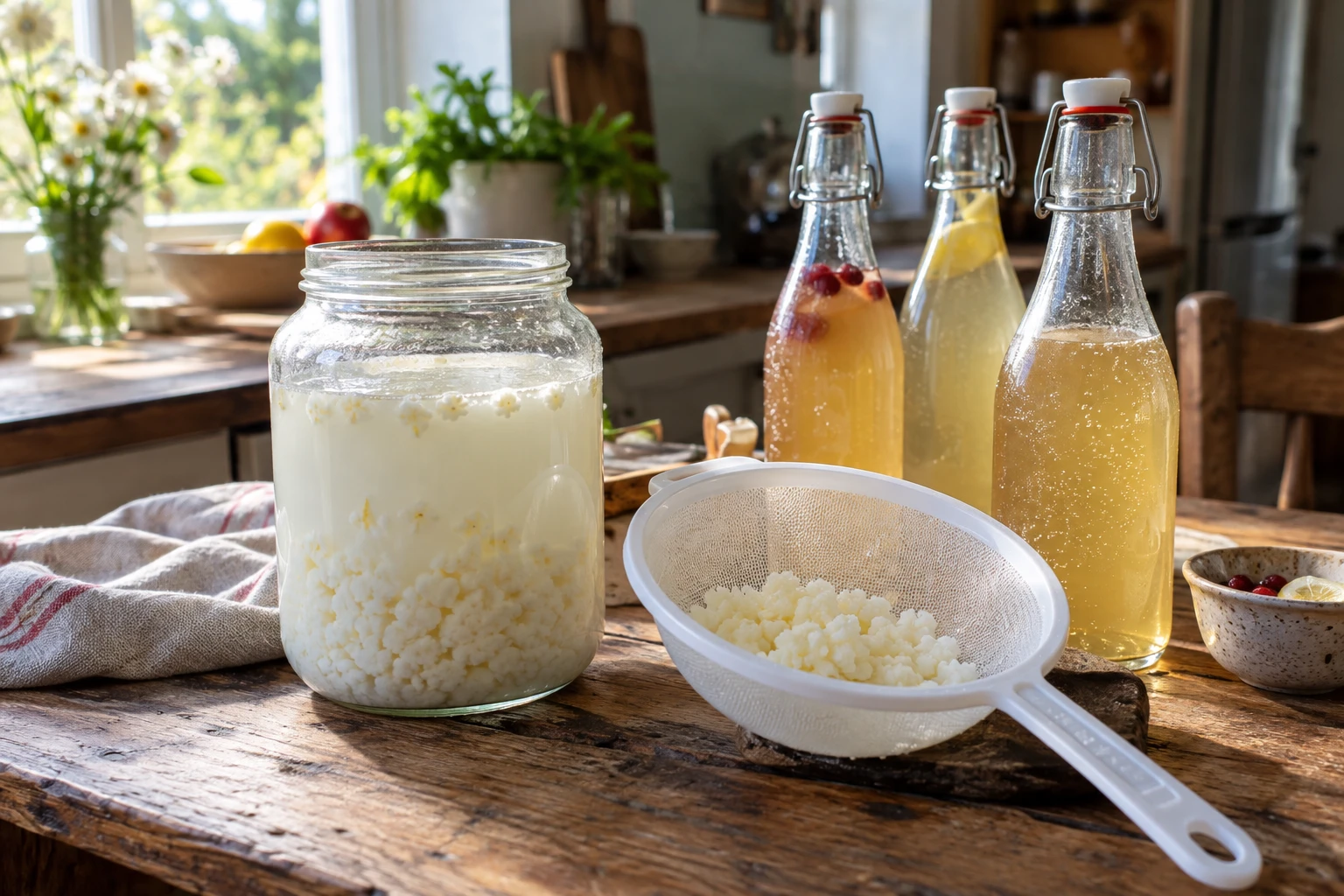 Bocal de kéfir de lait maison avec grains, entouré de bouteilles de kéfir de fruits sur table en bois