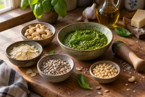 Bols de noix de cajou, amandes et graines de tournesol comme substituts aux pignons de pin sur plan de travail