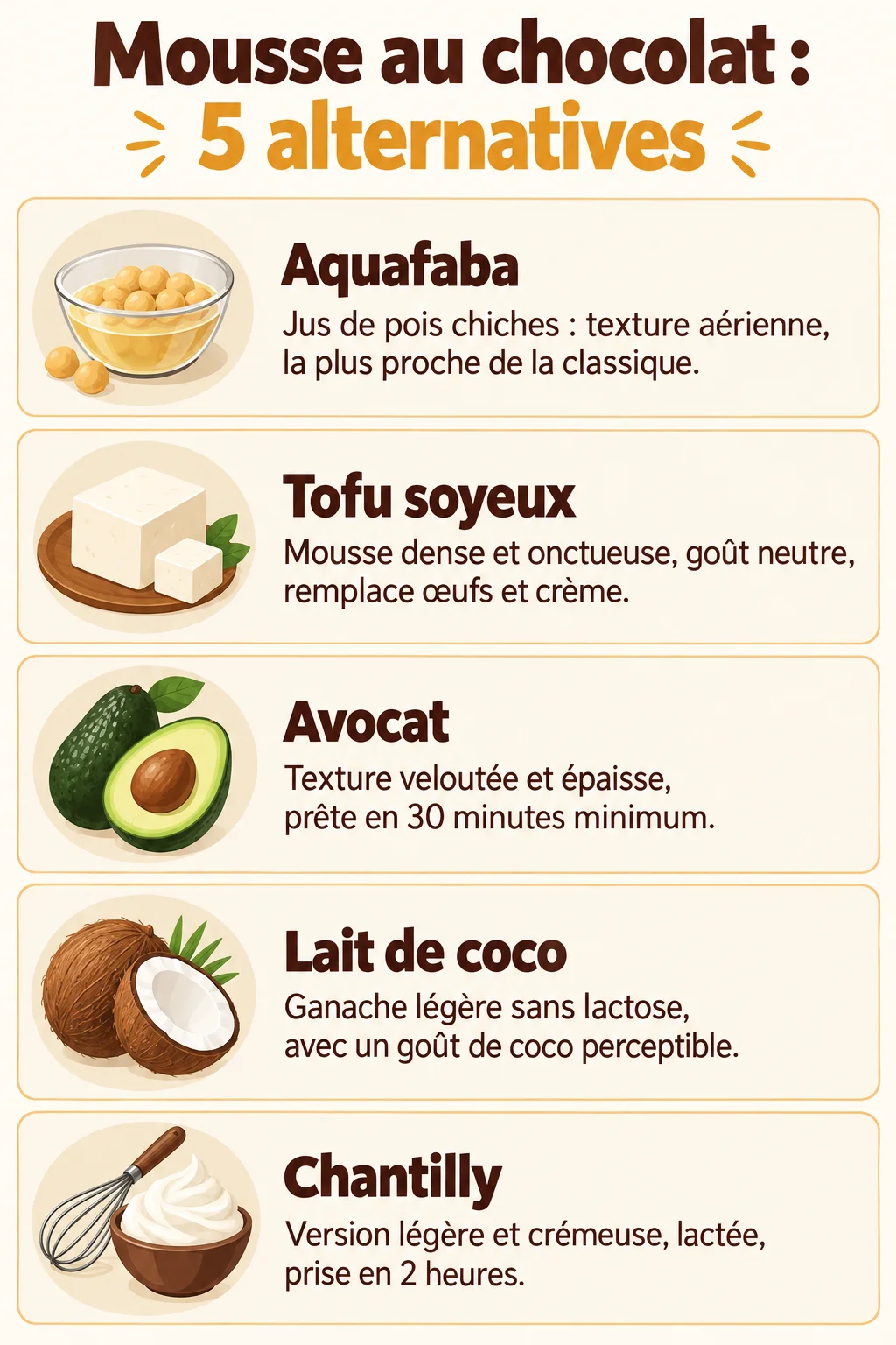 Mousse au chocolat : 5 alternatives : Aquafaba, Tofu soyeux, Avocat, Lait de coco, Chantilly