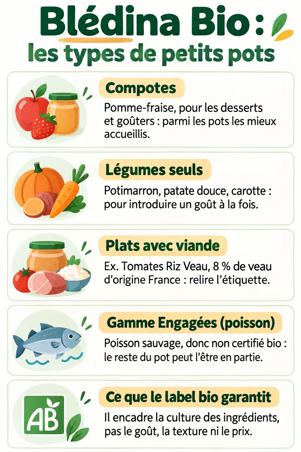 Blédina Bio : les types de petits pots : Compotes, Légumes seuls, Plats avec viande, Gamme Engagées (poisson), Ce que le label bio garantit