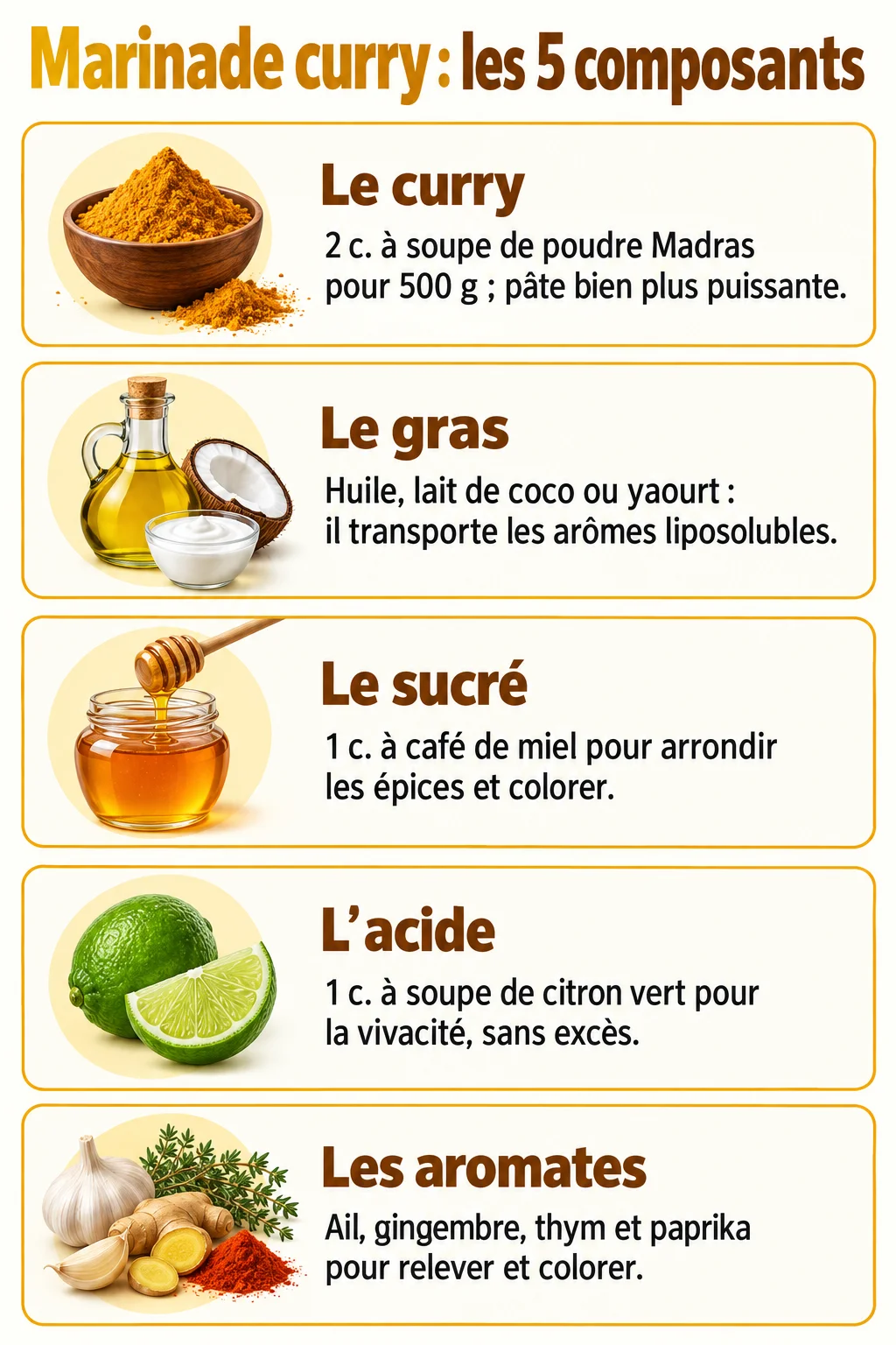Marinade curry : les 5 composants : Le curry, Le gras, Le sucré, L'acide, Les aromates
