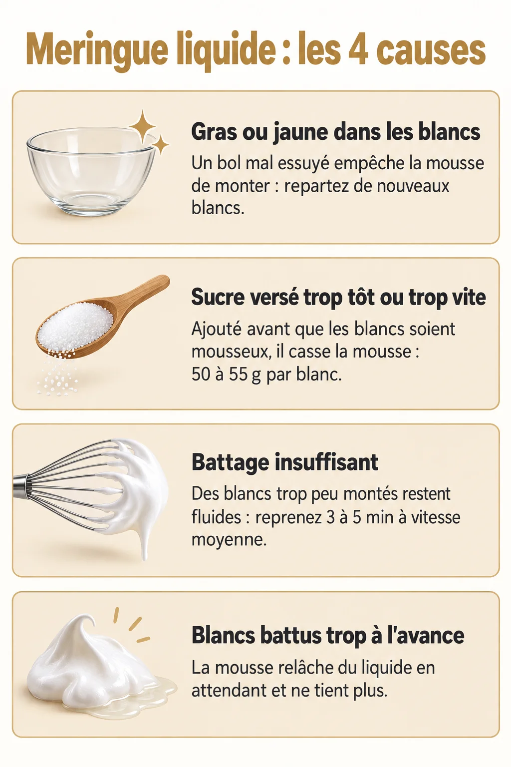 Meringue liquide : les 4 causes : Gras ou jaune dans les blancs, Sucre versé trop tôt ou trop vite, Battage insuffisant, Blancs battus trop à l'avance