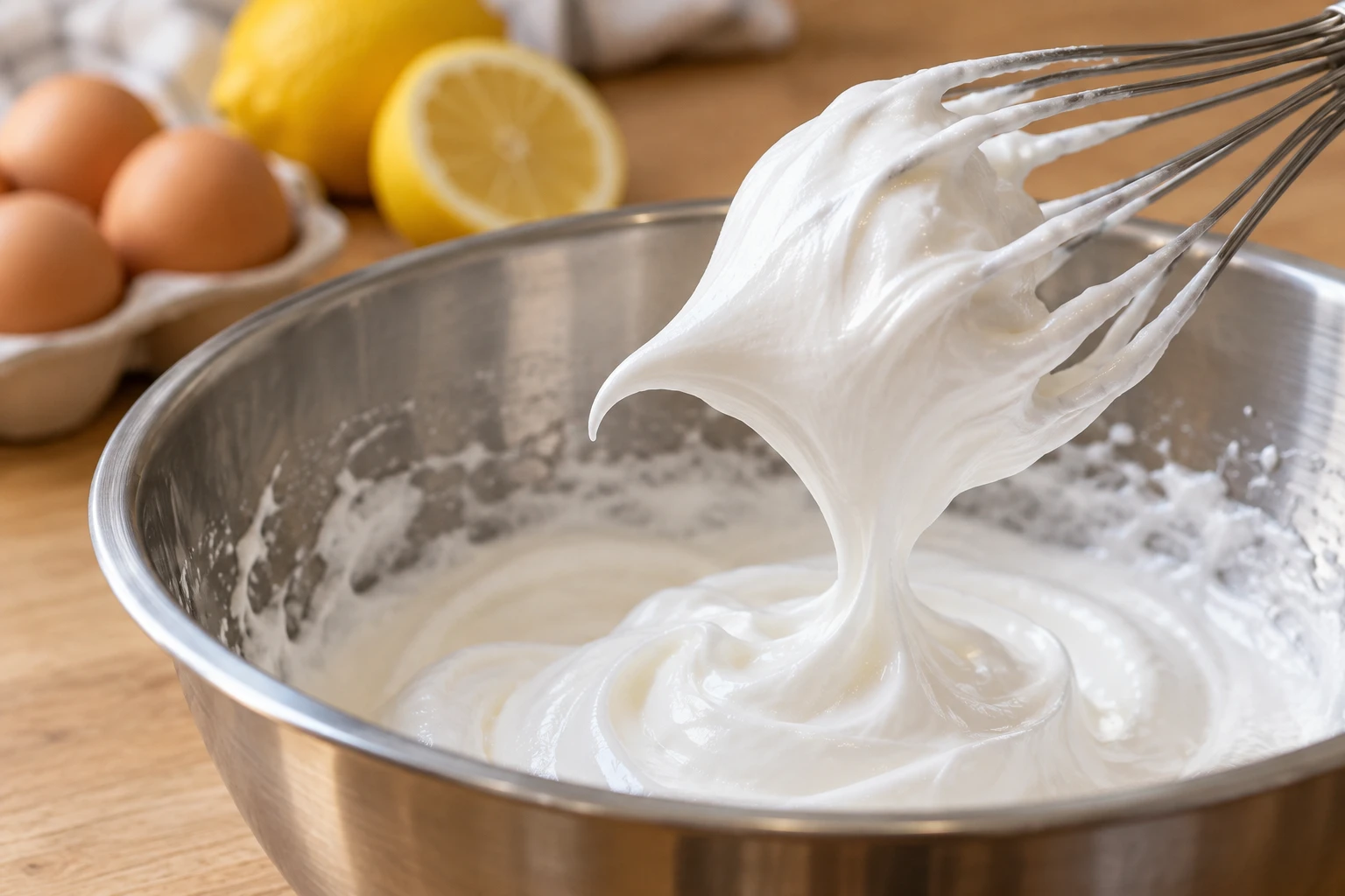 Fouet soulevant une meringue brillante formant un bec d'oiseau dans un saladier en inox